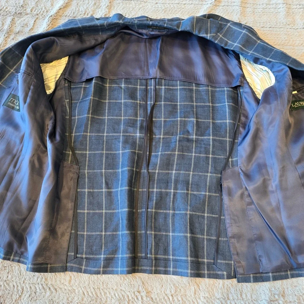 Lauren Ralph Lauren 46R Blue Windowpane Plaid 100% Linen Blazer Sport Coat Mens